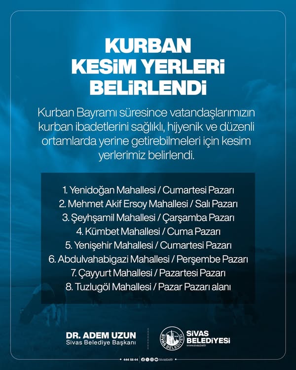 Sivas’ta Kurban Kesim Yerlleri Belli Oldu