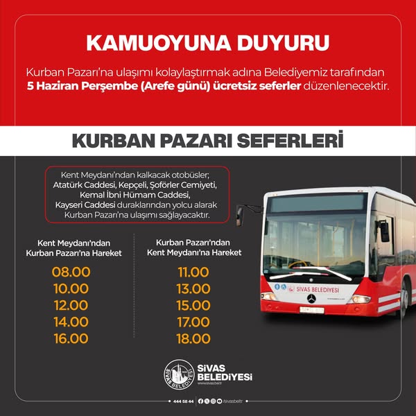 Sivas’ta Kurban Pazarına Ücretsiz Otobüs Seferleri Devam Ediyor