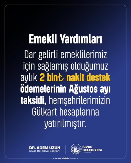 Sivas Belediyesi Tarafından Emekli Yardımı Gül Kart Hesaplarına Yatırıldı