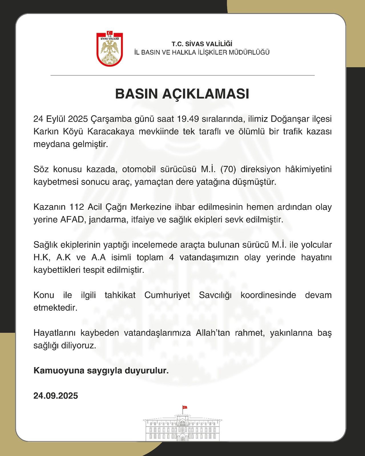 Sivas Doğanşar İlçesi Karkın Köyü Karacakaya Ölümlü Trafik Kazası