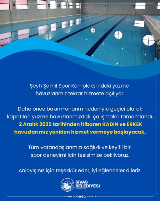 Sivas’ta Şeyh Şamil Spor Kompleksi Yüzme Havuzu 2 Aralıkta Yeniden Hizmete Açılıyor