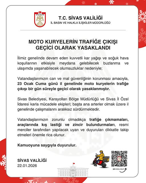 Sivas’ta Moto Kuryelerin Trafiğe Çıkışı Geçici Olarak Yasaklandı.