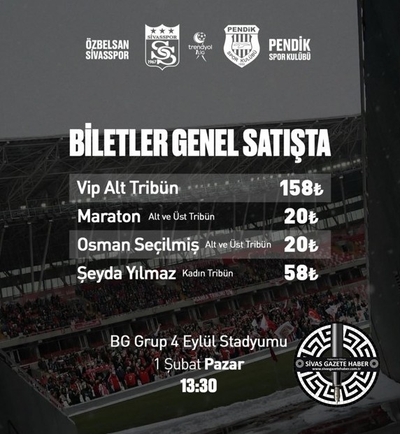 Özbelsan Sivasspor’umuzun, Pendik Spor Kulübü ile oynayacağı karşılaşmanın biletleri satışta