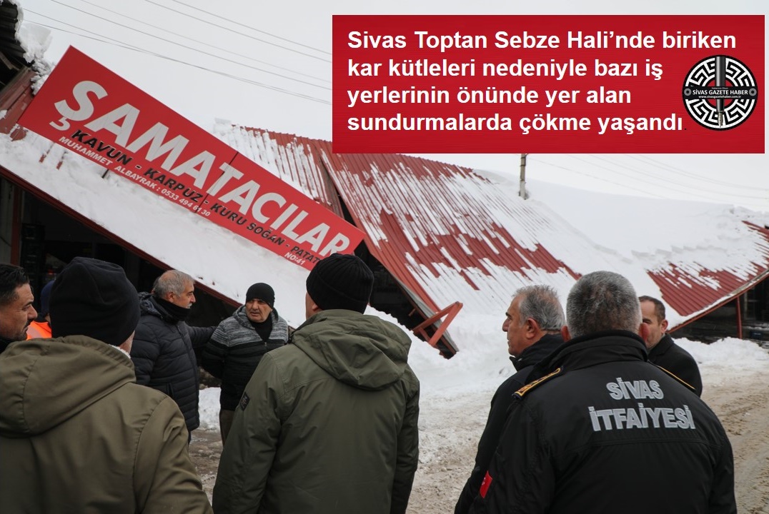 Sivas Toptan Sebze Hali’nde Biriken Kar Kütleleri Nedeniyle Bazı İş Yerlerinin Önünde Yer Alan Sundurmalarda Çökme Yaşandı.