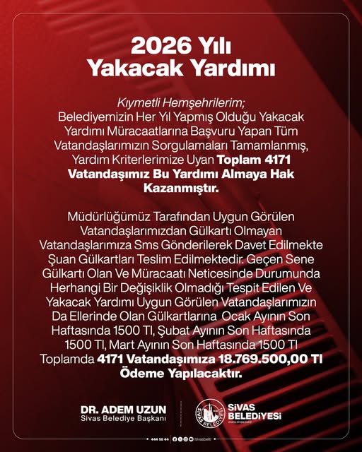 Sivas’ta 2026 Yakacak Yardımı