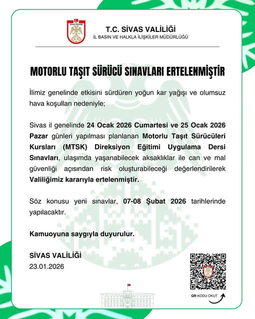 Sivas’ta Motorlu Taşıt Sürücü Sınavları Ertelendi.