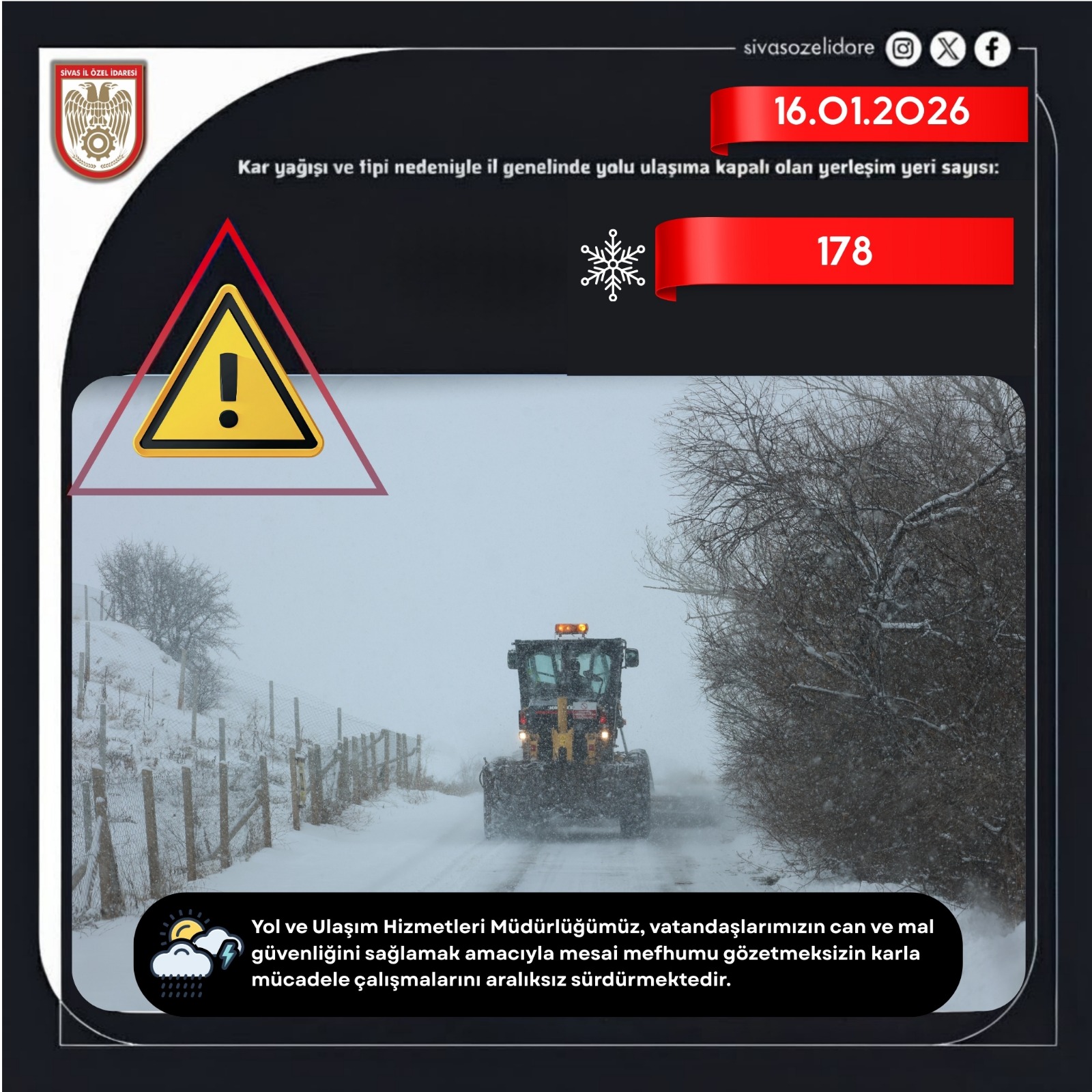 Sivas’ta Yol Durumu 16.01.2026