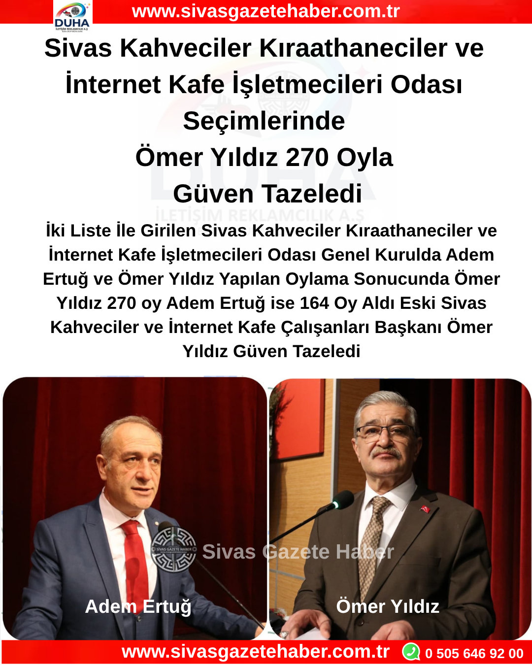 Sivas Kahveciler Kıraathaneciler ve İnternet Kafe İşletmecileri Odası Seçimlerinde Ömer Yıldız 270 Oyla Güven Tazeledi