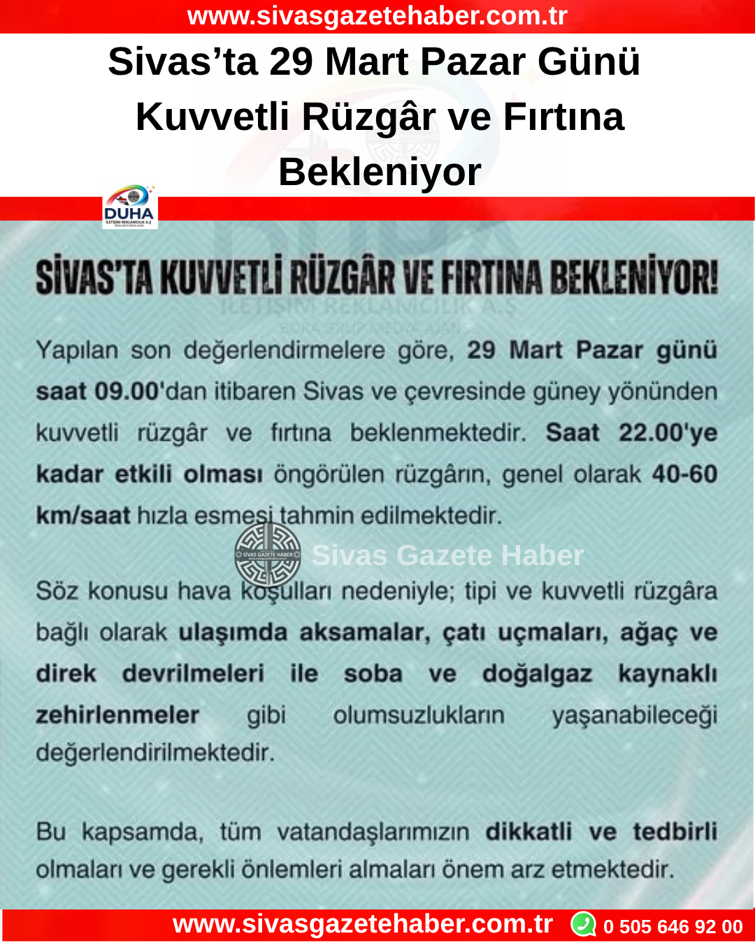 Sivas’ta 29 Mart Pazar Günü Kuvvetli Rüzgâr ve Fırtına Bekleniyor