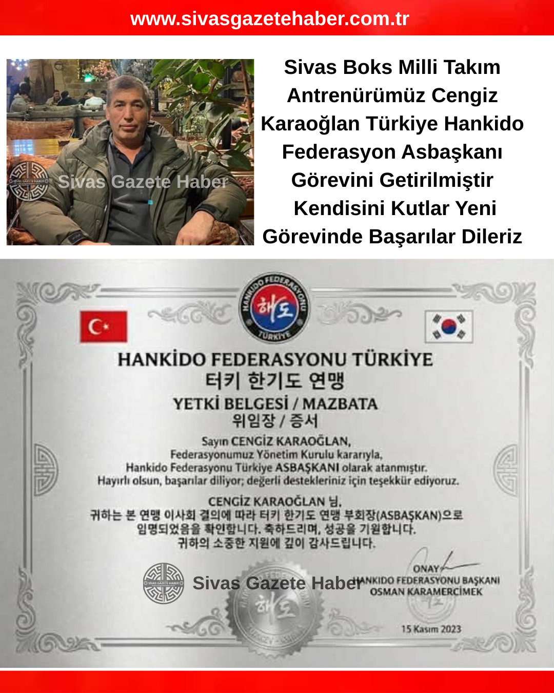 Sivas Boks Milli Takım Antrenürümüz Cengiz Karaoğlan Türkiye Hankido Federasyon Asbaşkanı Görevini Getirilmiştir