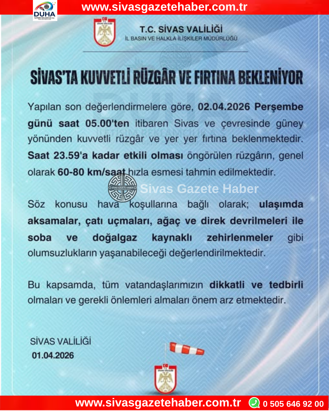 Sivas’ta Kuvvetli Rüzgar Beklentisi