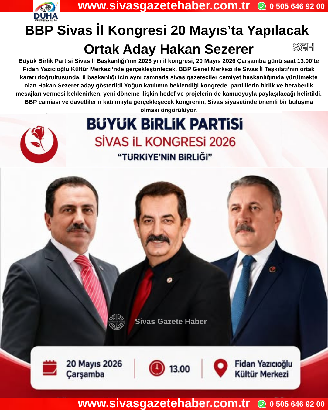 BBP Sivas İl Kongresi 20 Mayıs’ta Yapılacak Ortak Aday Hakan Sezerer