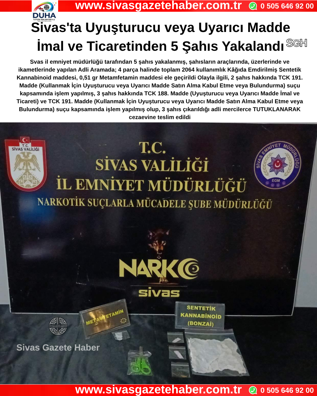 Sivas’ta Uyuşturucu veya Uyarıcı Madde İmal ve Ticaretinden 5 Şahıs Yakalandı