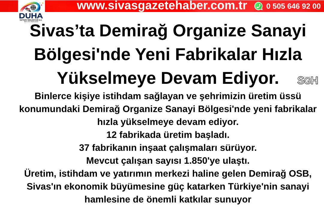 Sivas’ta Demirağ Organize Sanayi Bölgesi’nde Yeni Fabrikalar Hızla Yükselmeye Devam Ediyor.