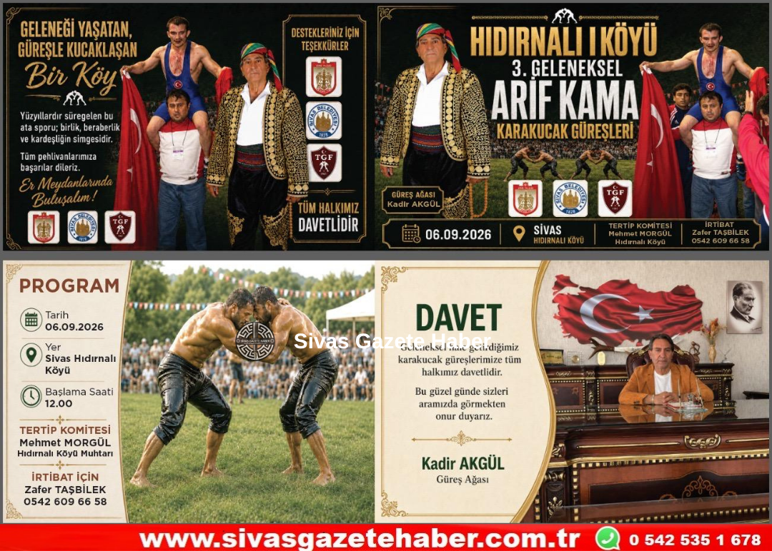 Sivas’ta Hıdırnalı Köyü 3. Geleneksel Arif Kama Karakucak Güreşleri 06. Eylül 2026 Pazar Günü Hıdırnalı Köyünde Saat 12.00’da Başlıyor