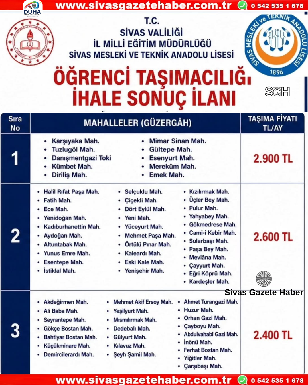 Sivas’ta Mahalleler ve Düzergahlara Gmre Öğrenci Taşımacılığı Fiyatları Belli Oldu